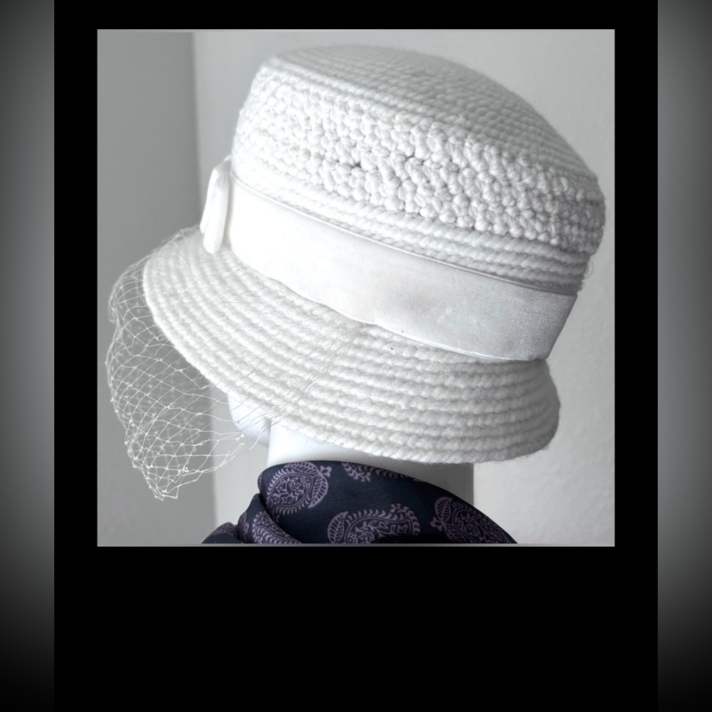 Everitt Vintage Wool Bucket Hat Cloche Bow Fishnet Face Veil Cream White 6.75” - Picture 2 of 9